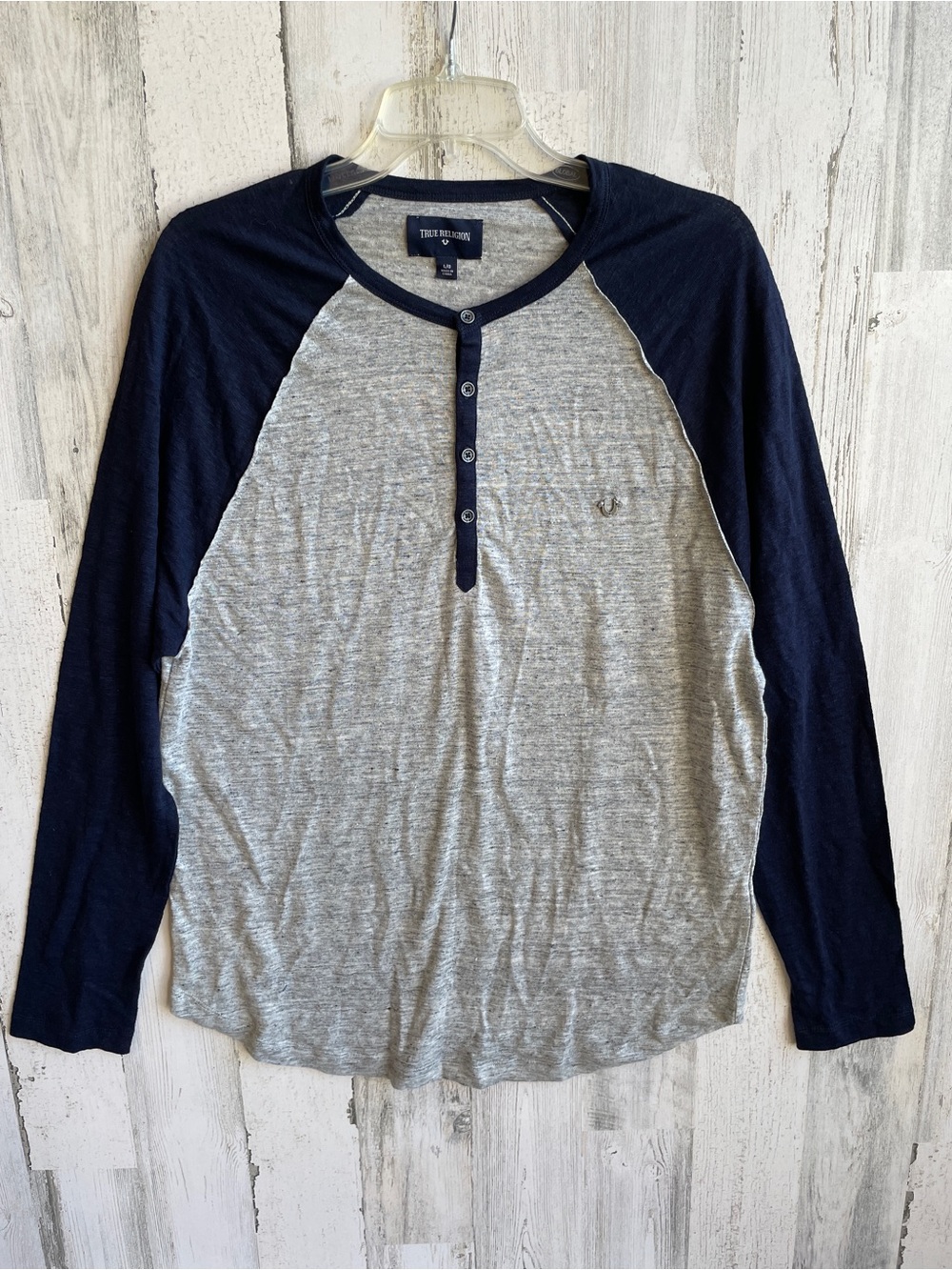 True Religion Navy & Grey Henley Raglan Long Sleeve Top XL NWT $99